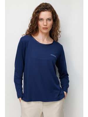 Desen Triko Kadın Sıfır Yaka Cebi Saten Şeritli Penye Bluz Lacivert