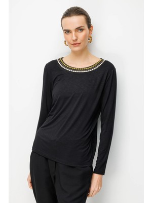 Desen Triko Kadın Sıfır Yaka Yakası Iki Renkli Işlemeli Taşlı Penye Bluz Siyah