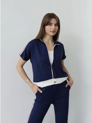 Qimya Butik ŞANS LİFE Kadın Ribana Detaylı Kısa Kol Taş Detaylı Sweat Şerit Detaylı Pantolonlu Alt Üst İKİLİ TAKIM