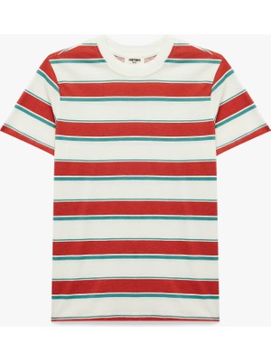 Koton Pamuklu Kısa Kollu Bisiklet Yaka Çizgili Tişört