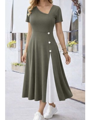 Stelol Kadın Kısa Kollu Asimetrik Yakalı Düğme Detaylı Midi Viskon Elbise