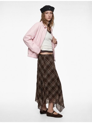 Koton Asimetrik Kesim Volanlı Uzun Ekoseli Şifon Etek