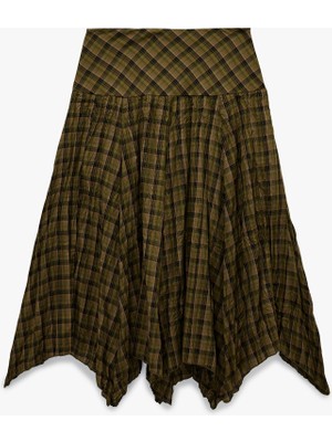 Koton Standart Bel Asimetrik Kesim Midi Ekose Etek