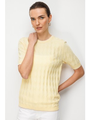 Desen Triko Kadın Sıfır Yaka Baklava Desenli Ince Triko Bluz Sarı