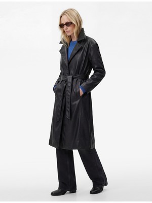 Koton Uzun Kollu Cepli Kemerli Suni Deri Trençkot