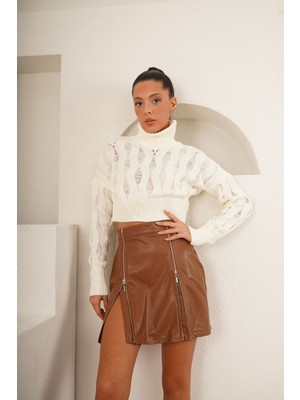 Ello Kahverengi Fermuar Detaylı Deri Etek