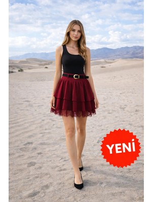 Win Moda Kadın Dantel Güpürlü Kat Kat Mini Etek – Kemerli Ithal Krep Kumaş Fermuarlı Şık Günlük Etek