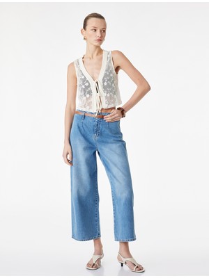 Koton Yüksek Bel Pamuklu Kemerli Kısa Geniş Paça Denim Pantolon - Wide Leg Jean