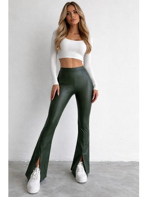 GILLA'S QUEEN Kadın Haki Yeşil Ön Yırtmaçlı Ispanyol Vegan Deri Pantolon