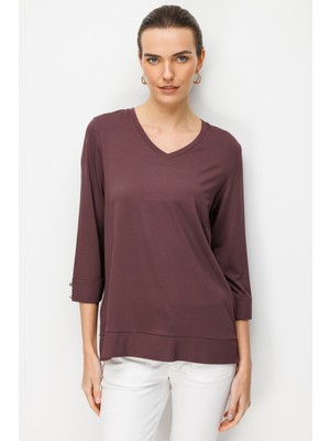 Desen Triko Kadın V Yaka Penye Bluz Kahve