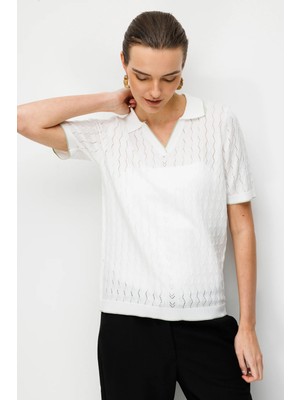 Desen Triko Kadın Polo Yaka Ajurlu Ince Triko Bluz Kemik