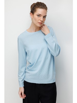 Desen Triko Kadın Sıfır Yaka Desenli Uzun Kollu Ince Triko Bluz B.mavi