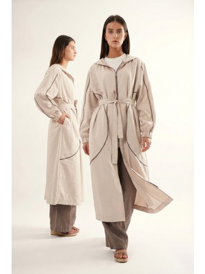 Ceremony Kolu ve Önü Fermuar Detaylı Kapüşonlu Safari Kap Ceket 816 Taş