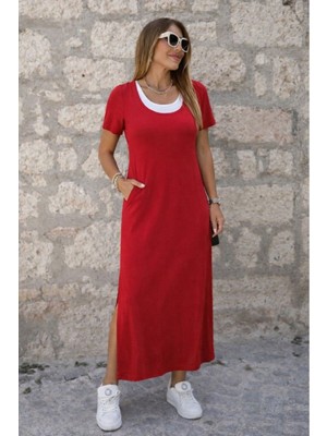 Stelol Kadın Kısa Kollu Içi Atlet Görünümlü Yandan Yırtmaçlı Uzun Viskon Elbise