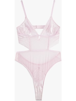 Koton Dantel Detaylı Rahat Kalıp V Yaka Tül Askılı Bodysuit