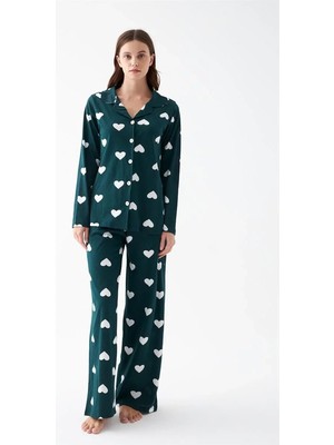 Hobilinka Kadın Zümrüt Yeşili Kalp Desenli Düğmeli Pamuklu Pijama Takımı