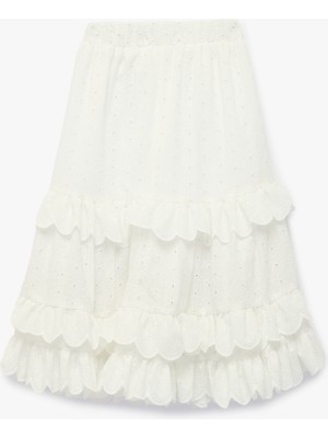 Koton Beli Lastikli Kat Detaylı Brodeli Midi Etek