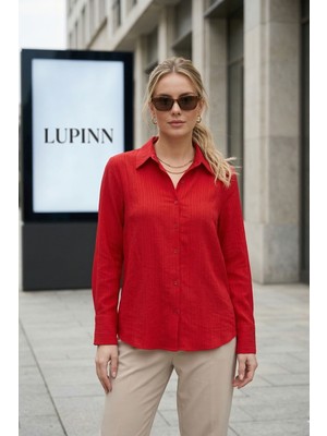 Lupinn Kadın Kırmızı Classic Regular Fit Düğmeli Uzun Kollu Dokuma Rahat Kesim Gömlek – Kadın Gömlek Bluz