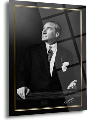 Shiny Art Atatürk Siyah Beyaz Bakış Portre Cam Tablo – ATA116