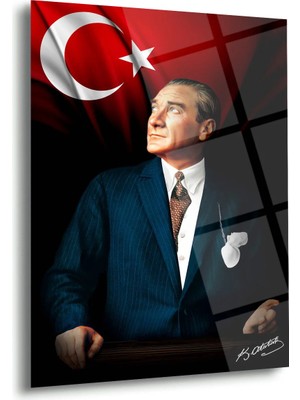 Shiny Art Mustafa Kemal Atatürk ve Türk Bayrağı Cam Tablo | Renkli Portre ve Imza - ATA120