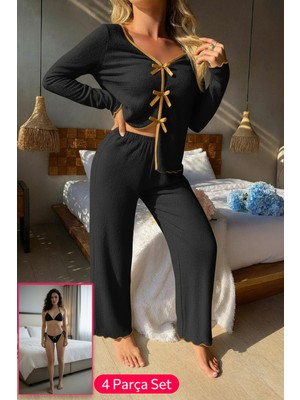 Hobilinka Kadın Siyah Fiyonklu Iç Çamaşırı ve Uzun Kollu V Yaka Pijama Takımı 4'lü Set