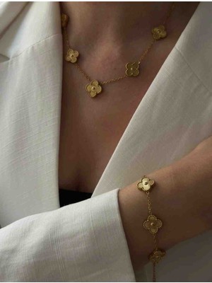 Güneş Takı 316L Çelik Gold Yonca Kolye ve Bileklik Seti