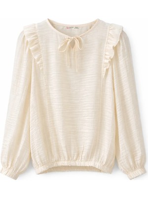 Mixray 4811 Kadın Bağcıklı Yaka Fırfır Detaylı Modal Bluz Naturel