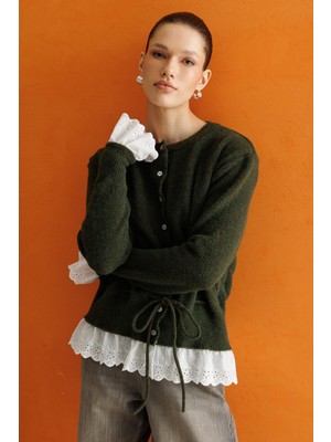 Mixray 7025 Kadın Dantel Detaylı Yumoş Triko Hırka Haki