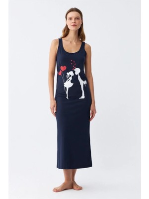 Hobilinka Kadın Kalın Askılı Penye Uzun Lacivert Gecelik