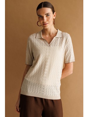 Desen Triko Kadın Polo Yaka Ajurlu Ince Triko Bluz Bej