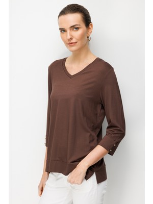 Desen Triko Kadın V Yaka Penye Bluz K.kahve