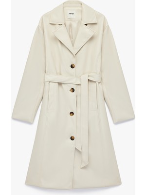 Koton Uzun Kollu Cepli Kemerli Suni Deri Trençkot