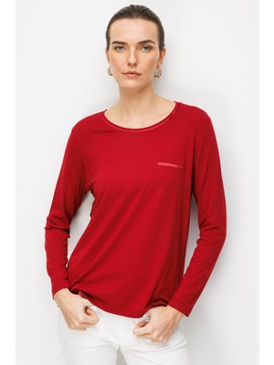 Desen Triko Kadın Sıfır Yaka Cebi Saten Şeritli Penye Bluz Kırmızı