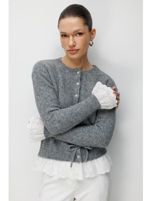 Mixray 7025 Kadın Dantel Detaylı Yumoş Triko Hırka Antrasit