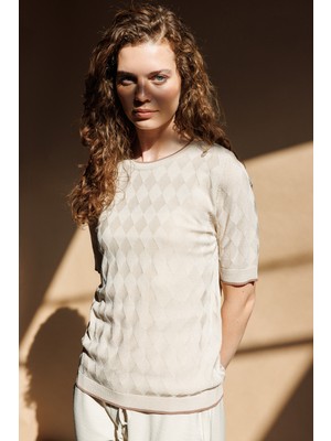 Desen Triko Kadın Sıfır Yaka Baklava Desenli Ince Triko Bluz Bej