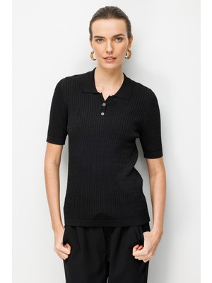 Desen Triko Kadın Polo Yaka Saç Örgülü Ince Triko Bluz Siyah