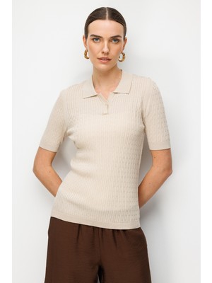 Desen Triko Kadın Polo Yaka Saç Örgülü Ince Triko Bluz Bej