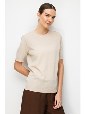 Desen Triko Kadın Sıfır Yaka Desenli Ince Triko Bluz Bej