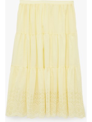 Koton Brodeli Beli Lastikli Volanlı Uzun Etek