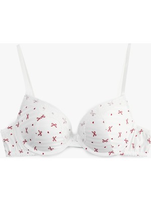 Koton Destekli Dantel Detaylı Ekstra Dolgulu Fiyonk Baskılı Saten Sütyen