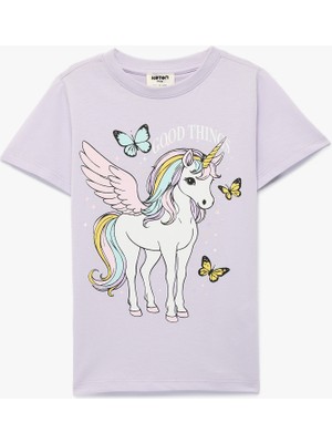 Koton Unicorn Baskılı Bisiklet Yaka Kısa Kollu Pamuklu Tişört