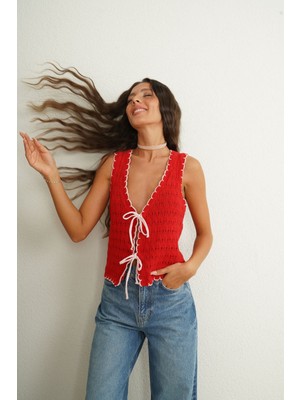 Kırmızı Orj Model Örme Yelek