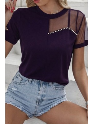 Stelol Kadın Kısa Kollu Tül Detaylı Taşlı Janjan Krep Bluz