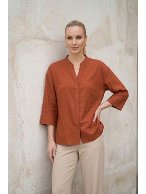 Lupinn Kadın Kiremit Classic Regular Fit Düğmeli Hakim Yaka 3/4 Kol Dokuma Rahat Bluz Gömlek –kadın Gömlek