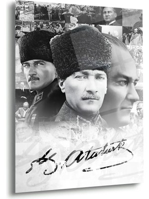 Shiny Art Atatürk Üçlü Portre Siyah Beyaz Cam Tablo – ATA137