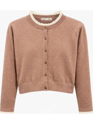 Mixray 7027 Kadın Dantelli Basic Triko Hırka Vizon