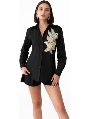 Topshow Siyah Çiçek Detaylı Gömlek