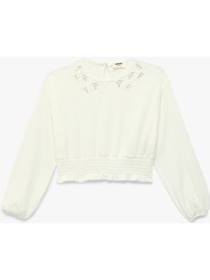Koton Beli Lastikli Dantel Detaylı Bisiklet Yaka Uzun Kollu Crop Bluz