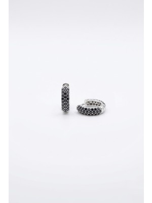 By Barun Halka Küpe Gümüş Oval 925 Ayar Siyah Taşlı