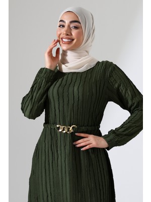 Kadın Tesettür Uzun Kollu Kemer Detaylı Günlük Şık Elbise